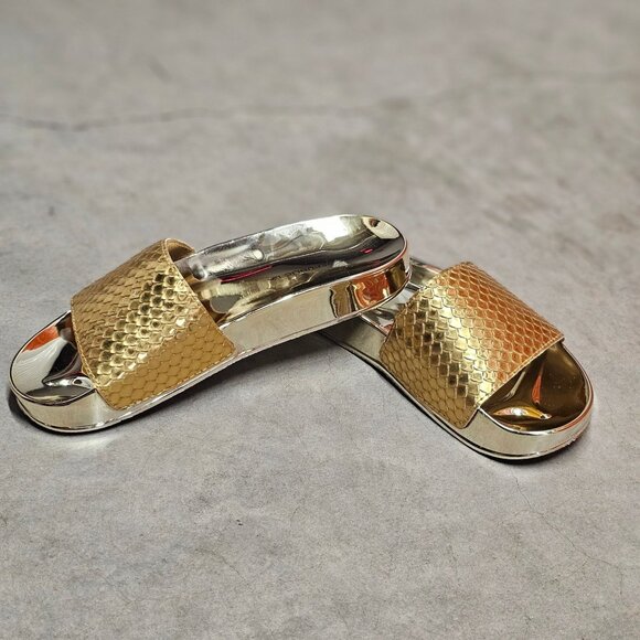 Metallic Gold Snake Pattern Slide Sandals With Reflective Sole - Stylish & Comfo - Picture 3 of 5